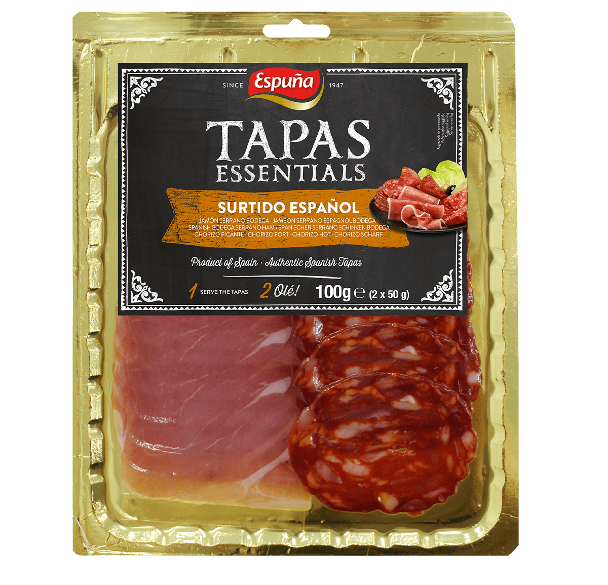 Serrano ham and spicy chorizo assortment 2x50g