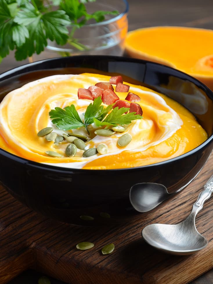 CREAM OF PUMPKIN SOUP WITH MINIATURE HAM